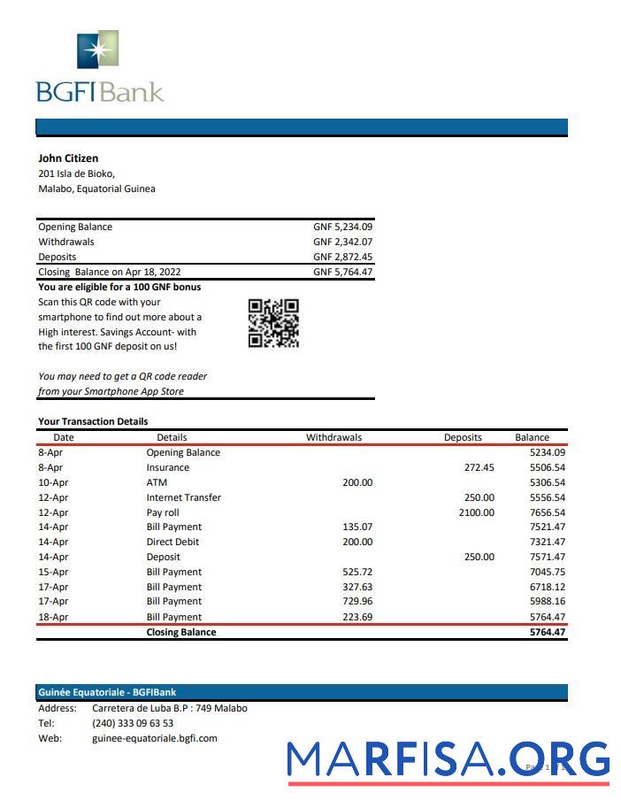Blank Equatorial Guinea BGFI bank statement excel template